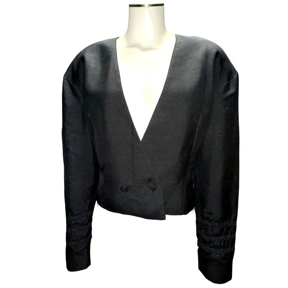 Eleanor P Brenner 10 Vintage Black Silk Jacket Cropped Blazer Deep V Embroidered - Picture 2 of 13